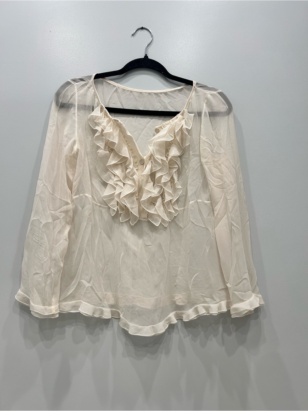 Vintage 2000s Valentino Roma Cream Sheer 100% Silk Ruffle Blouse Top
